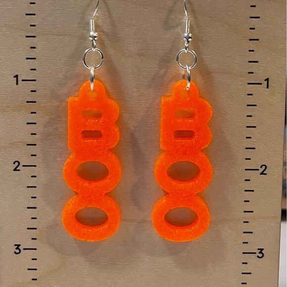 Handmade epoxy resin Boo Halloween earrings - bright orange - Picture 2 of 4